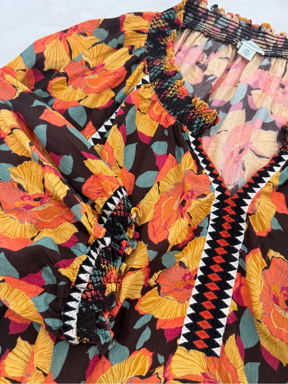 Sundance Black Blouse with Orange Floral Print and Green Leaves - Picture 2 of 9